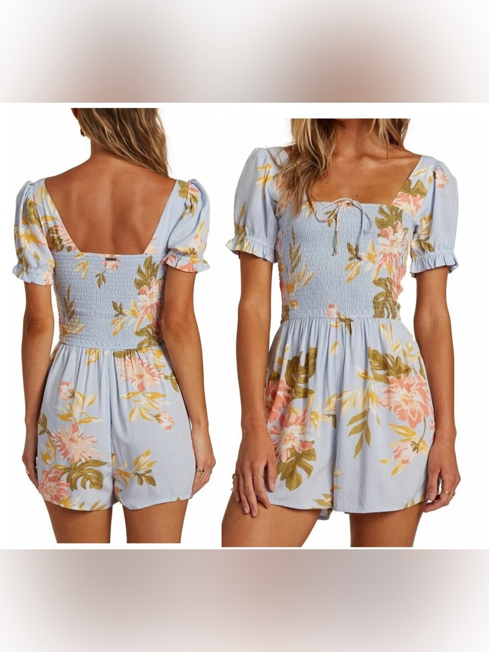 Billabong Flirty Day Romper Floral Blue multi color Smock sz L